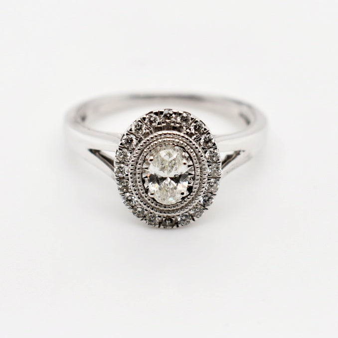 9ct White Gold Solitaire Halo Diamond Engagement Ring