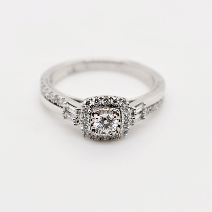 9ct White Gold Cushion Cut Side Baggette Diamond Ring