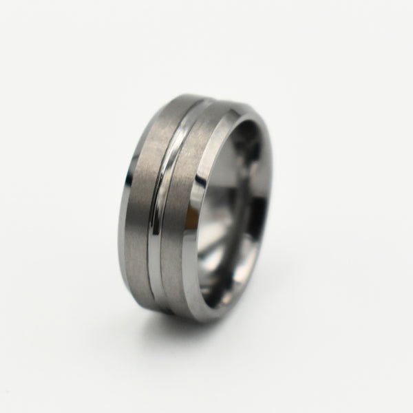 Tungsten Silver Beveled Striped Ring