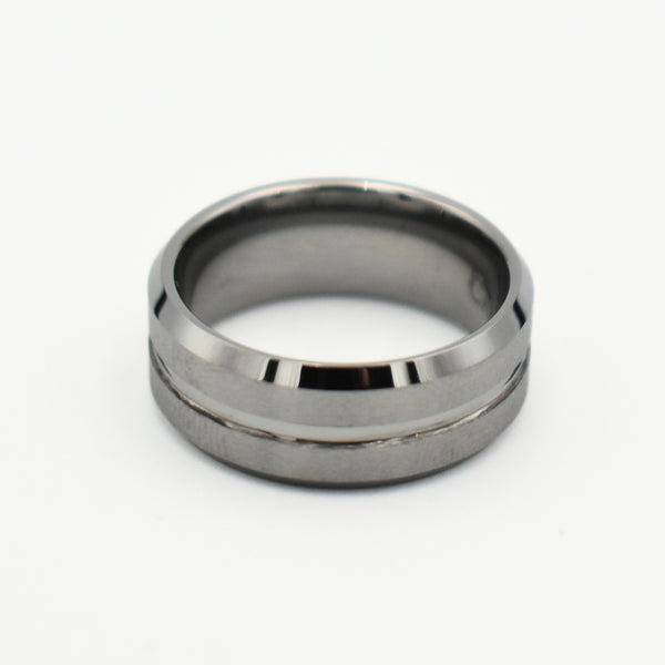 Tungsten Silver Beveled Striped Ring