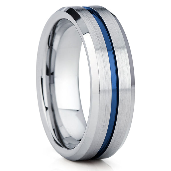 Tungsten Silver & Blue Beveled Ring