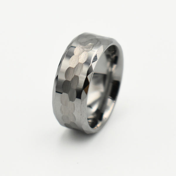 Tungsten Grey Hammered Step Brushed Ring