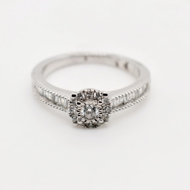 9ct White Gold Baguette Side Diamond Ring
