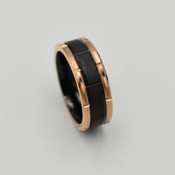 Tungsten Rose Gold & Black Brushed Beveled Edge Ring