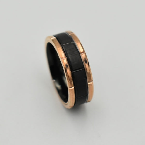 Tungsten Rose Gold & Black Brushed Beveled Edge Ring