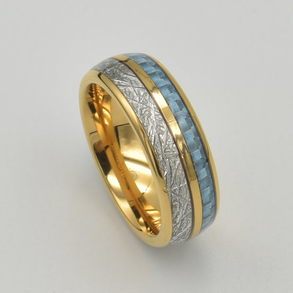 Tungsten Gold, Blue & White Carbon Fibre Band