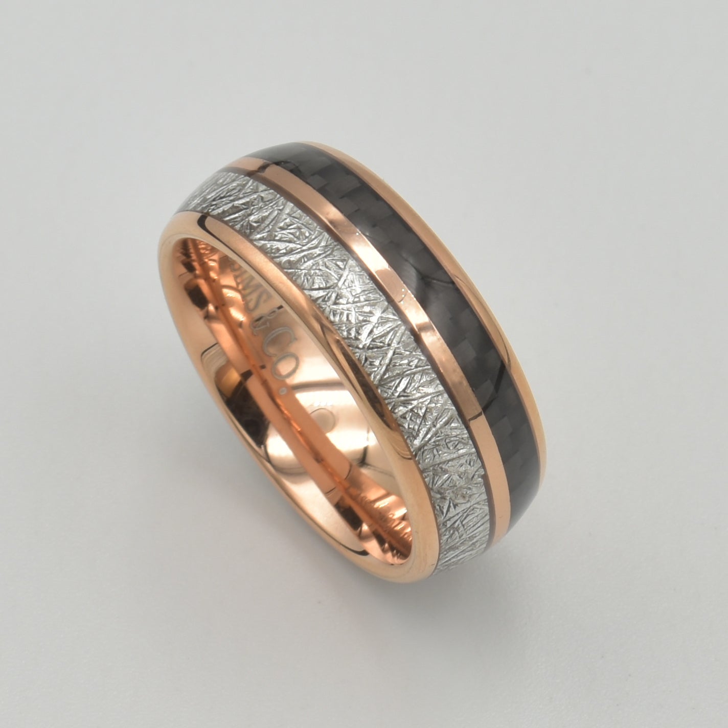 Tungsten Rose Gold Black & White Carbon Fibre Ring