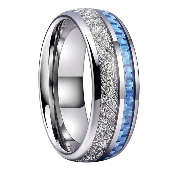 Tungsten Silver Blue & White Carbon Fibre Ring