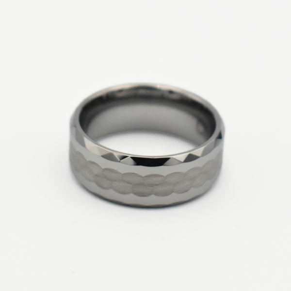 Tungsten Grey Hammered Step Brushed Ring