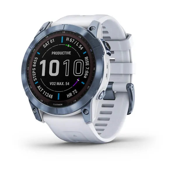 Garmin Fenix 7S Sapphire Solar Edition Mineral Blue DLC with Whitestone Band.