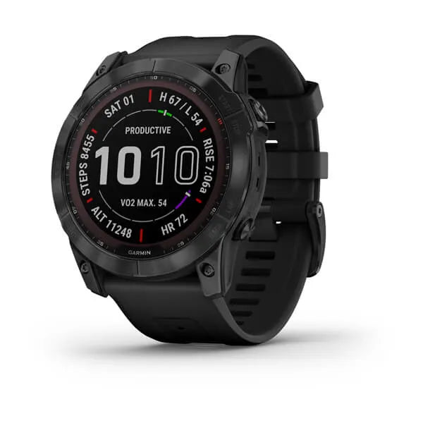 Garmin Fenix 7X Sapphire Solar Edition Black DLC Titanium with Black Band.