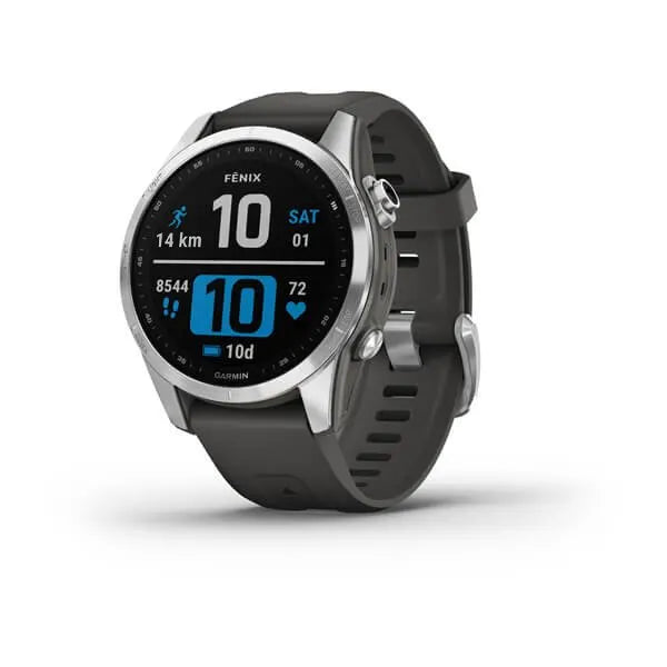 Garmin Fenix 7S-Standard Edition Silver with Graphite Band.