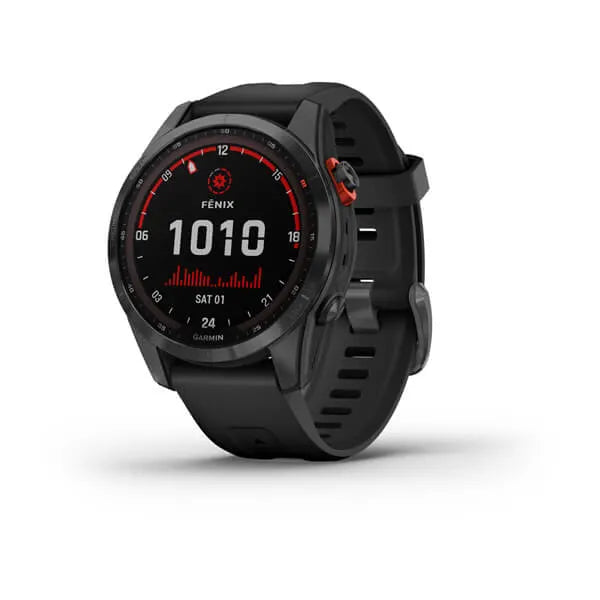 Garmin Fenix 7S Solar Edition Slate Grey with Black Band.