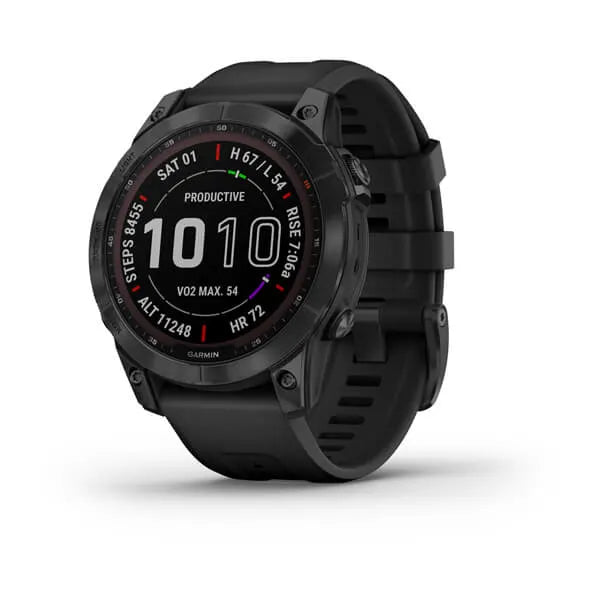 Garmin Fenix 7 Sapphire Solar Edition Black DLC Titanium with Black Band.
