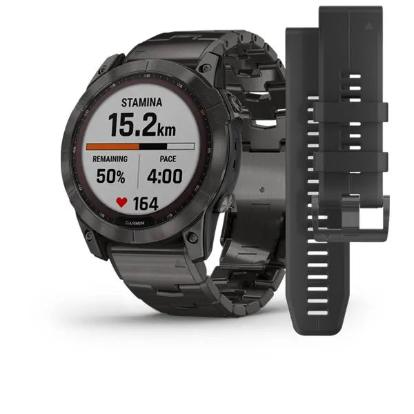 Garmin Fenix 7X Sapphire Solar Edition Carbon Grey DLC Titanium with Carbon Grey DLC Vented Titanium Band.