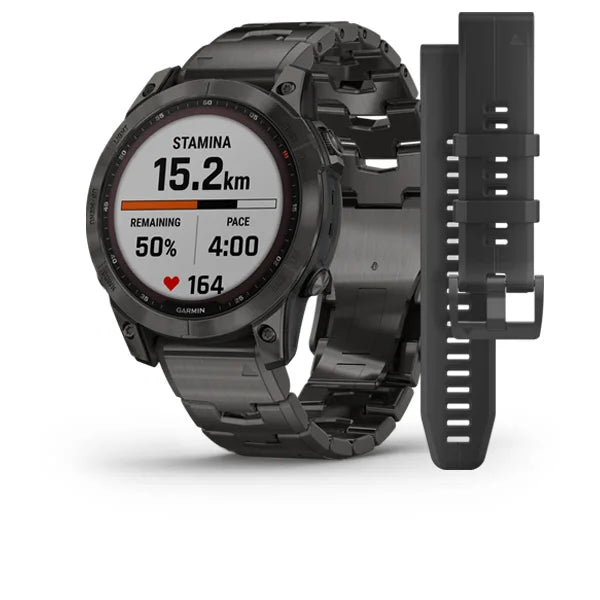 Garmin Fenix 7 Sapphire Solar Edition Carbon Grey DLC Titanium with Carbon Grey DLC Vented Titanium Band.