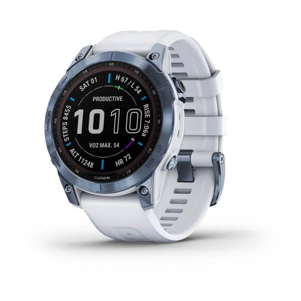 Garmin Fenix 7 Sapphire Solar Edition Mineral Blue DLC Titanium with Whitestone Band.