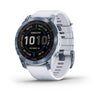 Garmin Fenix 7 Sapphire Solar Edition Mineral Blue DLC Titanium with Whitestone Band.