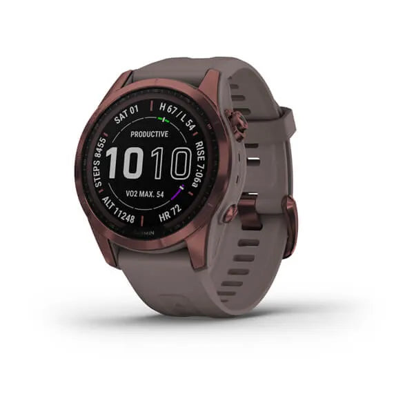 Garmin Fenix 7S Sapphire Solar Edition Dark Bronze Titanium with Shale Grey Band.