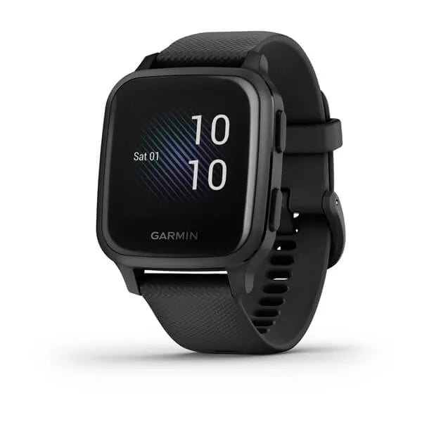 Garmin Venu Sq Music Edition Slate Aluminium Bezel with Black Case and Silicone Band.