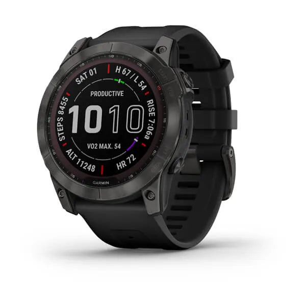 Garmin Fenix 7X-Sapphire Solar Edition Carbon Grey DLC Titanium with Black Band.