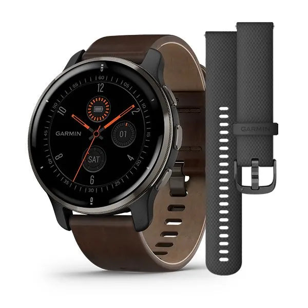 Garmin Venu 2 Plus Slate Stainless Steel Case with Slate Case and Leather band 010-02496-15.