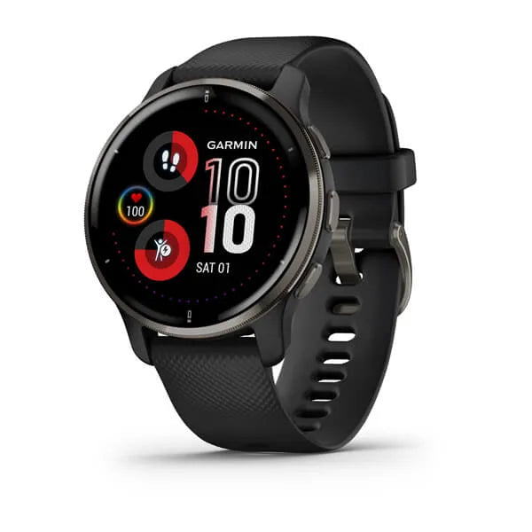Garmin Venu 2 Plus Slate Stainless Steel Bezel with Black Case and Silicone Band.