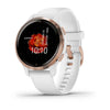 Garmin Venu 2S Rose Gold Stainless Steel Bezel with White Case and Silicone Band.