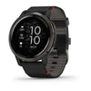 Garmin Venu 2 Slate Stainless Steel Bezel with Black Case and Leather Band.