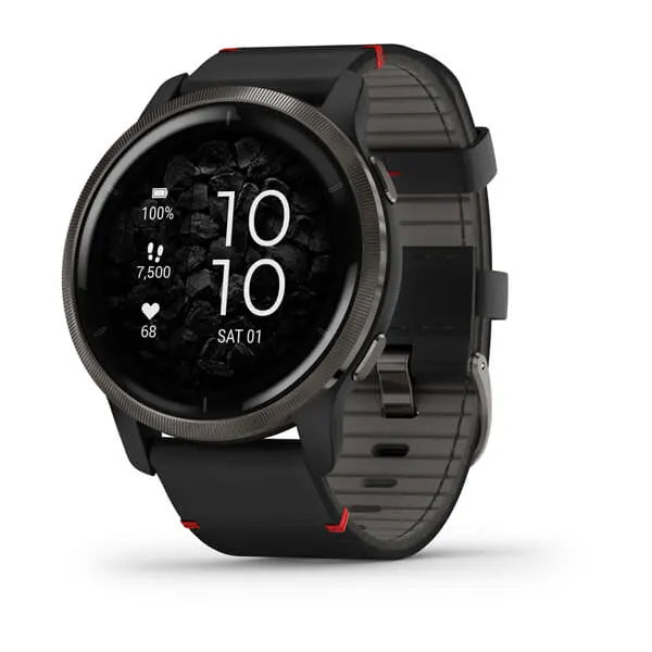 Garmin Venu 2 Slate Stainless Steel Bezel with Black Case and Leather Band.