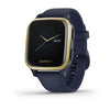 Garmin Venu Sq Music Edition Light Gold Aluminium Bezel with Navy Case and Silicone Band.