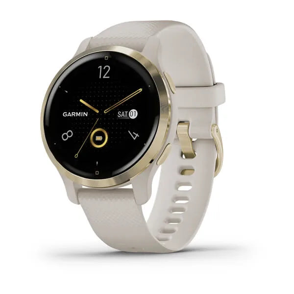 Garmin Venu 2S Light Gold Stainless Steel Bezel with Light Sand Case and Silicone Band.