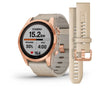 Garmin Fenix 7S Sapphire Solar Edition Rose-Gold Titanium with Limestone Leather Band.