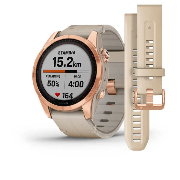 Garmin Fenix 7S Sapphire Solar Edition Rose-Gold Titanium with Limestone Leather Band.