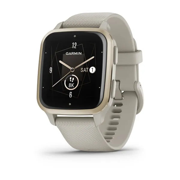 Garmin Venu Sq 2 Music Edition Cream Gold Aluminium Bezel with French Grey Case and Silicone Band.