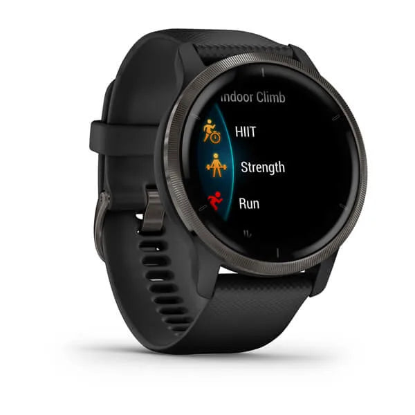 Garmin Venu 2 Slate Stainless Steel Bezel with Black Case and Leather Band.