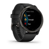Garmin Venu 2 Slate Stainless Steel Bezel with Black Case and Leather Band.