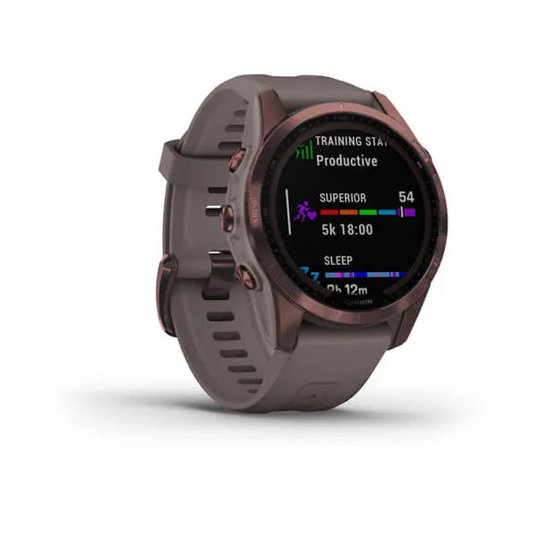 Garmin Fenix 7S Sapphire Solar Edition Dark Bronze Titanium with Shale Grey Band.
