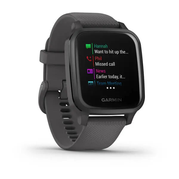 Garmin Venu Sq Slate Aluminium Bezel with Shadow Grey and Silicone Band.