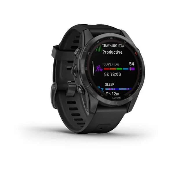 Garmin Fenix 7S Solar Edition Slate Grey with Black Band.