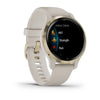 Garmin Venu 2S Light Gold Stainless Steel Bezel with Light Sand Case and Silicone Band.