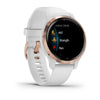 Garmin Venu 2S Rose Gold Stainless Steel Bezel with White Case and Silicone Band.