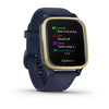 Garmin Venu Sq Music Edition Light Gold Aluminium Bezel with Navy Case and Silicone Band.
