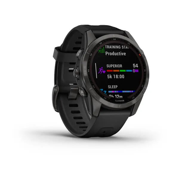 Garmin Fenix 7S-Sapphire Solar Edition Carbon Grey DLC Titanium with Black Band.