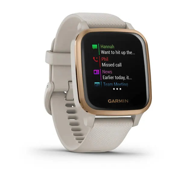 Garmin Venu Sq Music Edition Rose Gold Aluminium Bezel with Light Sand Case and Silicone Band.