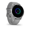 Garmin Venu 2 Plus Silver Stainless Steel Bezel with Powder Grey Case and Silicone Band.