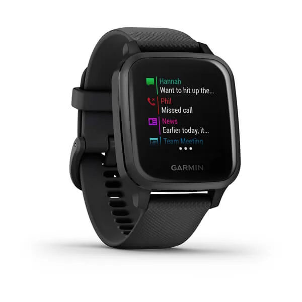 Garmin Venu Sq Music Edition Slate Aluminium Bezel with Black Case and Silicone Band.