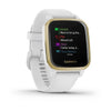 Garmin Venu Sq Light Gold Aluminium Bezel with White Case and Silicone Band.