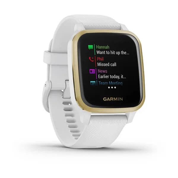 Garmin Venu Sq Light Gold Aluminium Bezel with White Case and Silicone Band.
