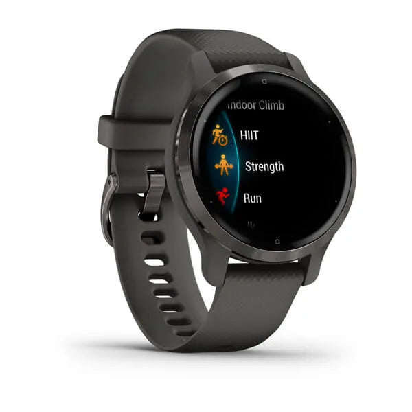 Garmin Venu 2S Slate Stinless Steel Bezel with Graphite Case and Silicone Band.